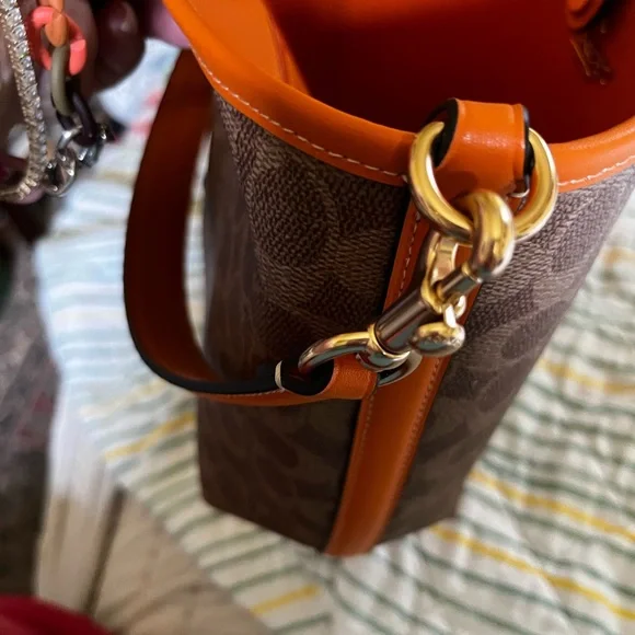 Coach Signature Canvas and Bright Mandarin City Bucket Bag - Picture 11 of 16